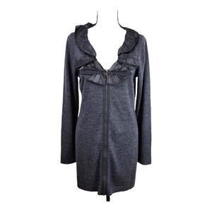Tahari Sweater Womens M Charcoal Gray Wool Blend Longline Ruffle Collar Romantic